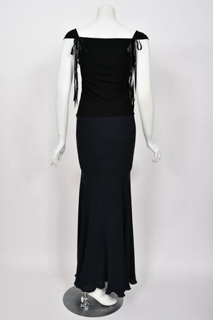 2004 Valentino Runway Black Silk Beaded Sheer Cut-Out Blouse & Bias-Cut Skirt Set