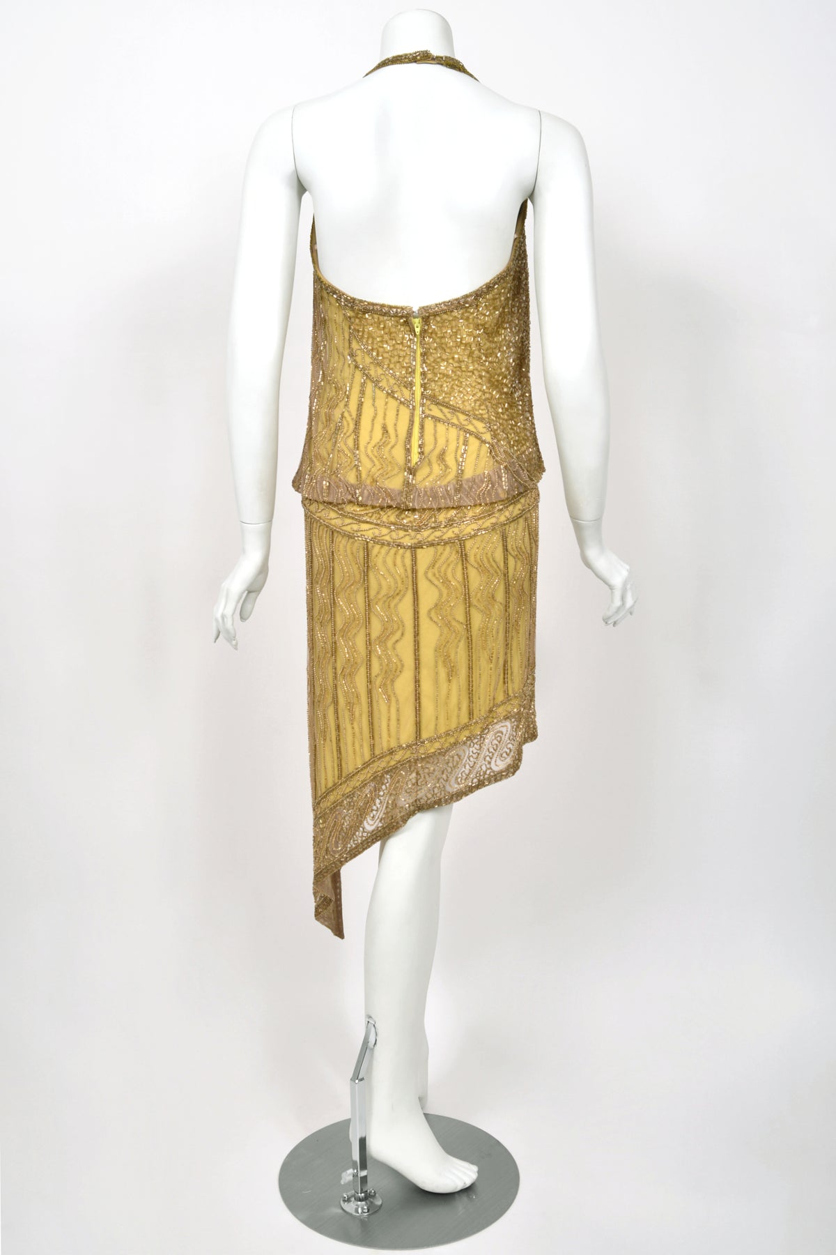 1992 Bob Mackie Runway Metallic Gold Fully-Beaded Halter High Slit 'Flapper' Dress