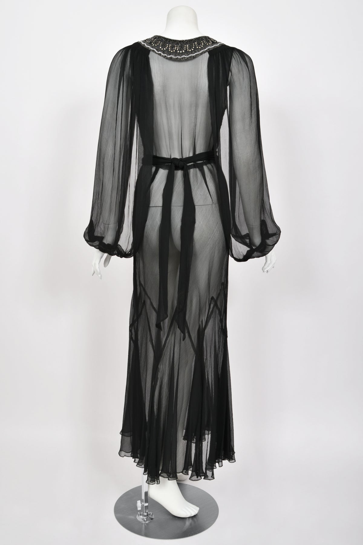 1930&#39;s Beaded Rhinestone Black Sheer Silk Chiffon Billow-Sleeve Deco Dress
