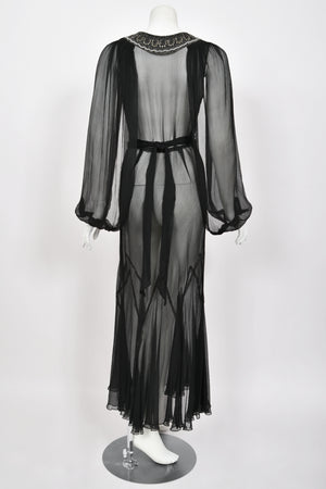 1930's Beaded Rhinestone Black Sheer Silk Chiffon Billow-Sleeve Deco Dress