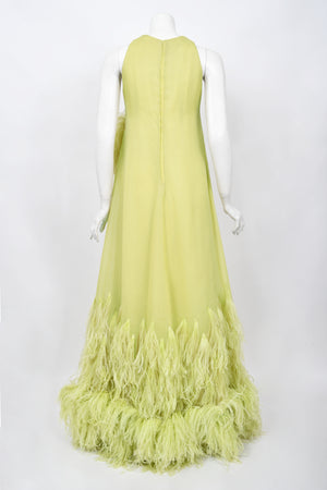 1968 Christian Dior Haute Couture Maria Felix Owned Chartreuse Silk Feather Gown