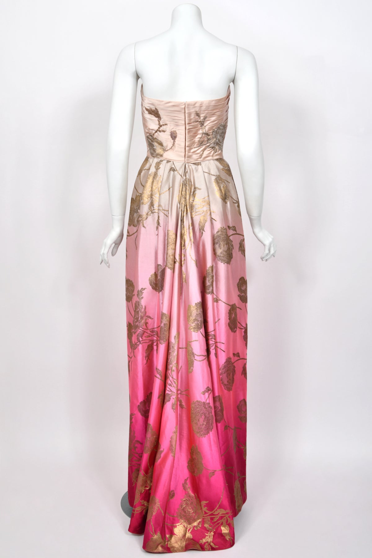 1950’s Philip Hulitar Couture Metallic Floral Ombré Pink Silk Satin Appliquéd Strapless Gown