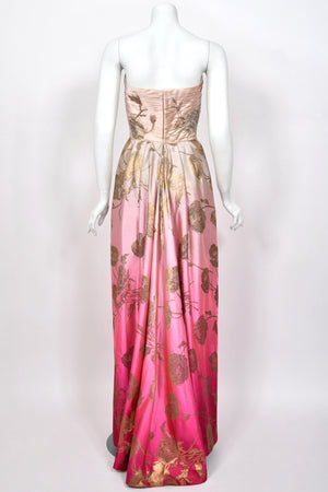 1950’s Philip Hulitar Couture Metallic Floral Ombré Pink Silk Satin Appliquéd Strapless Gown