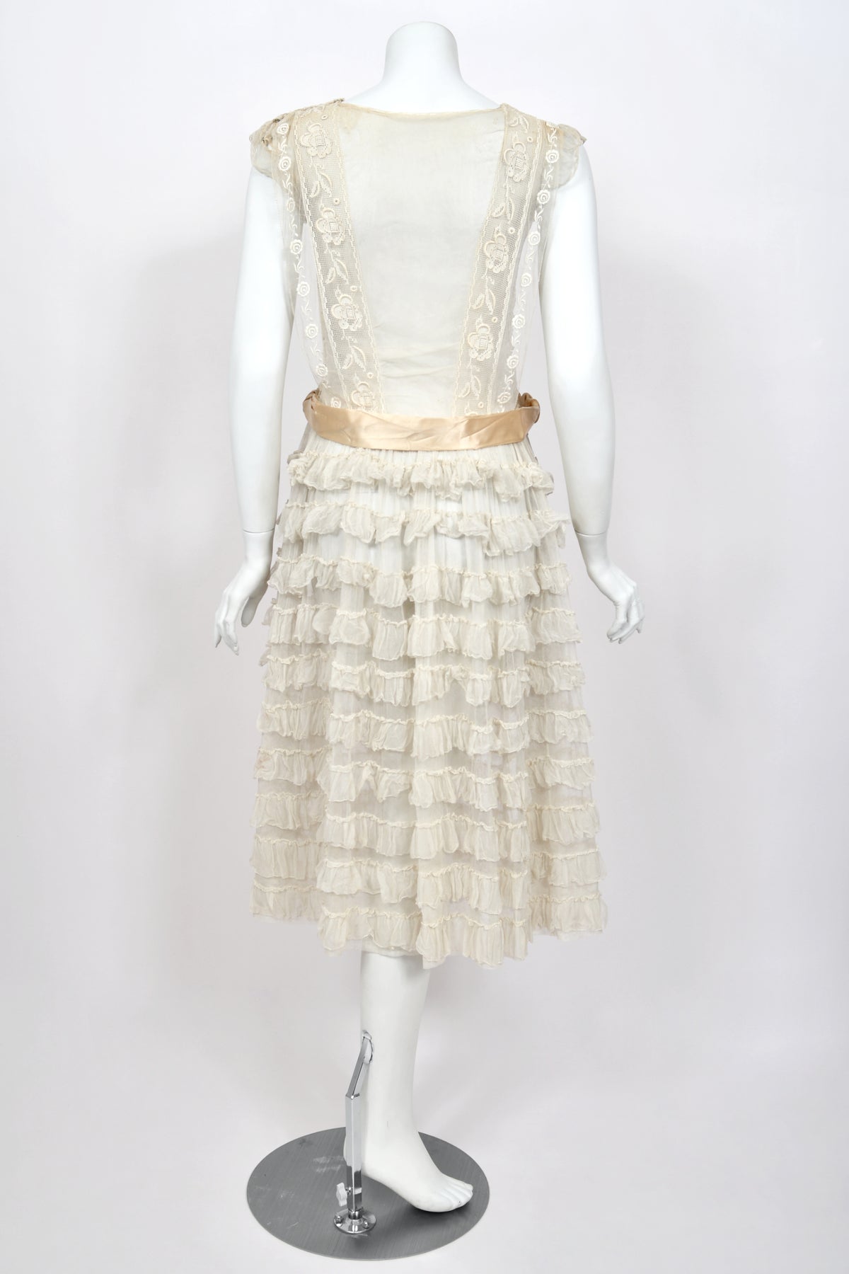 1920's Sheer Ivory Embroidered Floral Motif Net-Tulle Tiered Ruffle 'Robe de Style' Dress