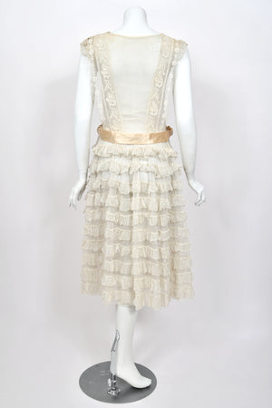 1920's Sheer Ivory Embroidered Floral Motif Net-Tulle Tiered Ruffle 'Robe de Style' Dress