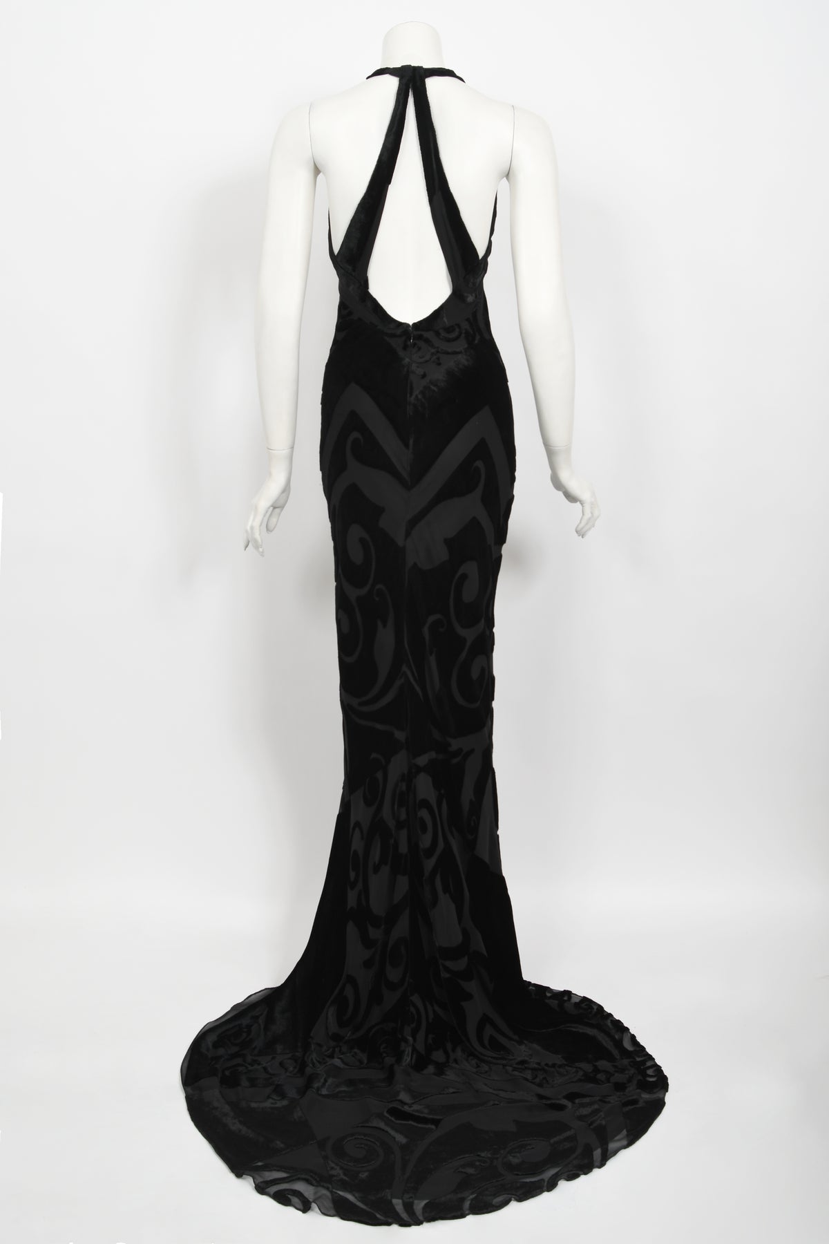 1997 Galindo Couture Black Devoré Velvet Bias-Cut Halter Trained Gown
