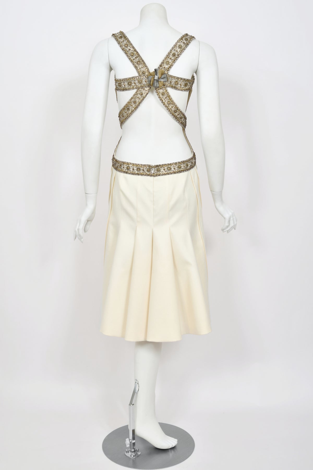 2003 Alexander McQueen Metallic Beaded Embroidered Ivory Wool Open-Back Dress