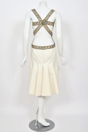 2003 Alexander McQueen Metallic Beaded Embroidered Ivory Wool Open-Back Dress