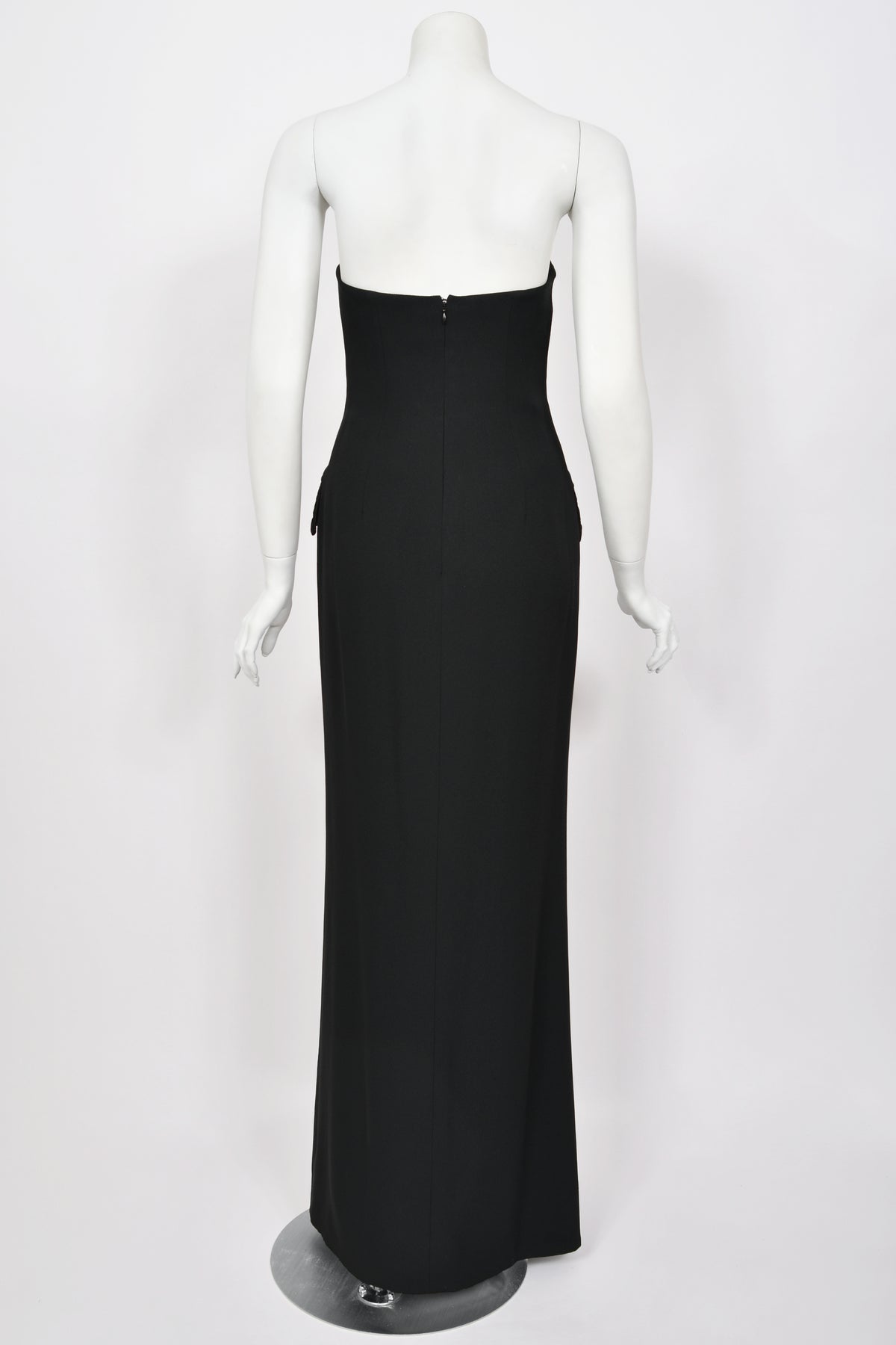 1997 Christian Dior by John Galliano Black Silk Crepe Strapless High-Slit Gown