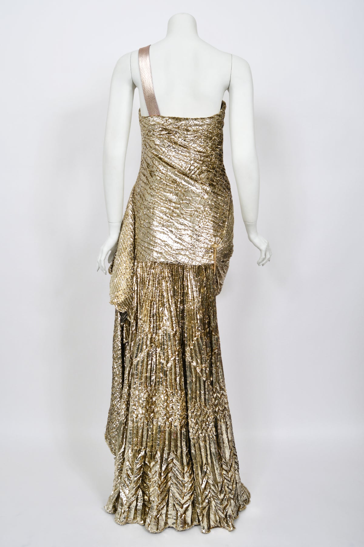 1994 Gianni Versace Couture Runway Metallic Gold Pleated Lamè High-Slit Gown