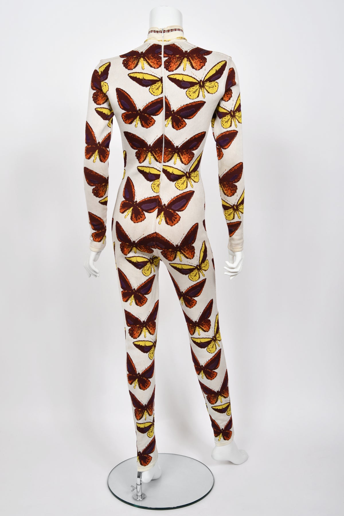 1991 Azzedine Alaïa Iconic Runway Butterfly Print Ivory Stretch Knit Bodycon Catsuit