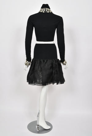 1991 Dolce & Gabbana Runway Crystal Rhinestone Black Crop Top w/ Matching Skirt