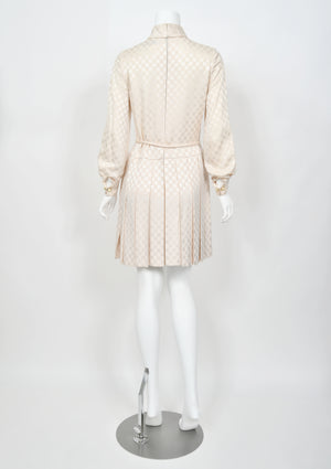 1968 Christian Dior Haute Couture Documented Ivory Checkered Silk Pleated Mini Dress