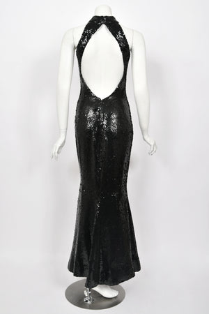 1973 Loris Azzaro Couture Black Fully Sequin Cut-Out Hourglass Mermaid Gown