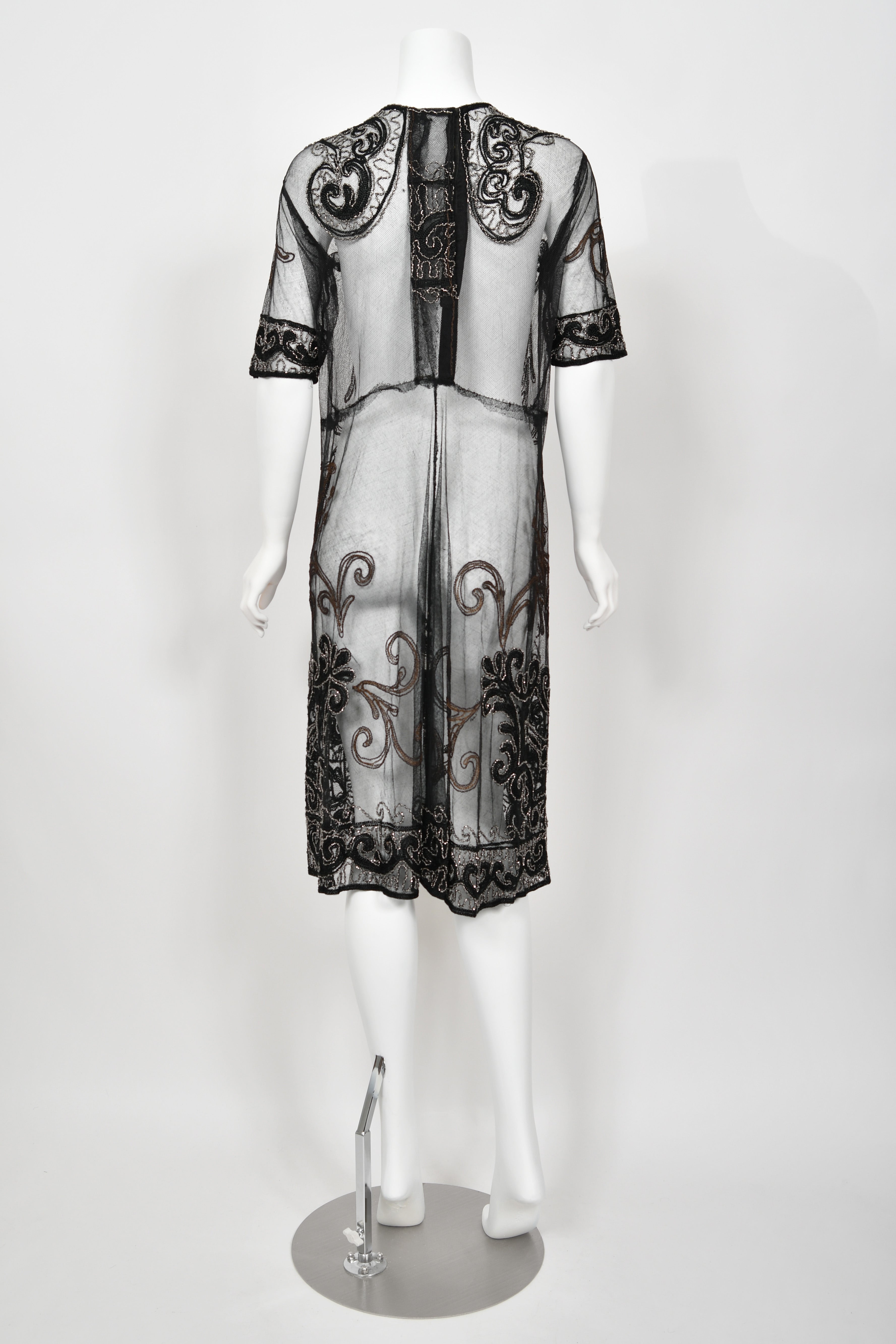 Vintage 1920's Embroidered Black Sheer Mixed-Lace Beaded Art Deco Motif Dress - Timeless Vixen Vintage 1920's Embroidered Black Sheer Mixed-Lace Beaded Art Deco Motif Dress - Timeless Vixen