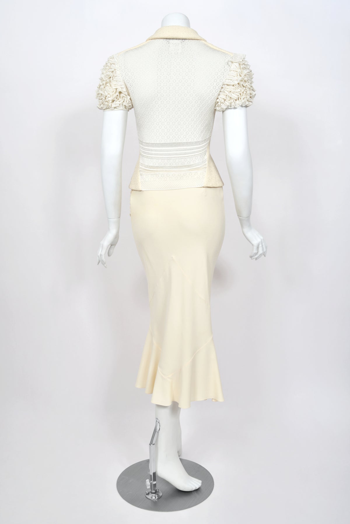 1998 John Galliano ‘Haute Bohème’ Collection Ivory Knit Ruffle Sleeve Jacket &amp; Bias-Cut Skirt Set w/Tags