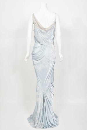 2006 Christian Dior by John Galliano Ice Blue Silk Velvet Asymmetric Draped Bias-Cut Gown