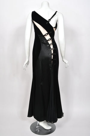 2004 Versace Runway Black Silk & Velvet Sheer-Illusion Buckle Trimmed High Slit Gown