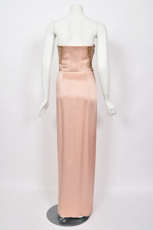 2012 John Galliano Blush Pink Silk Beaded Bustier Strapless Pleated-Side Gown