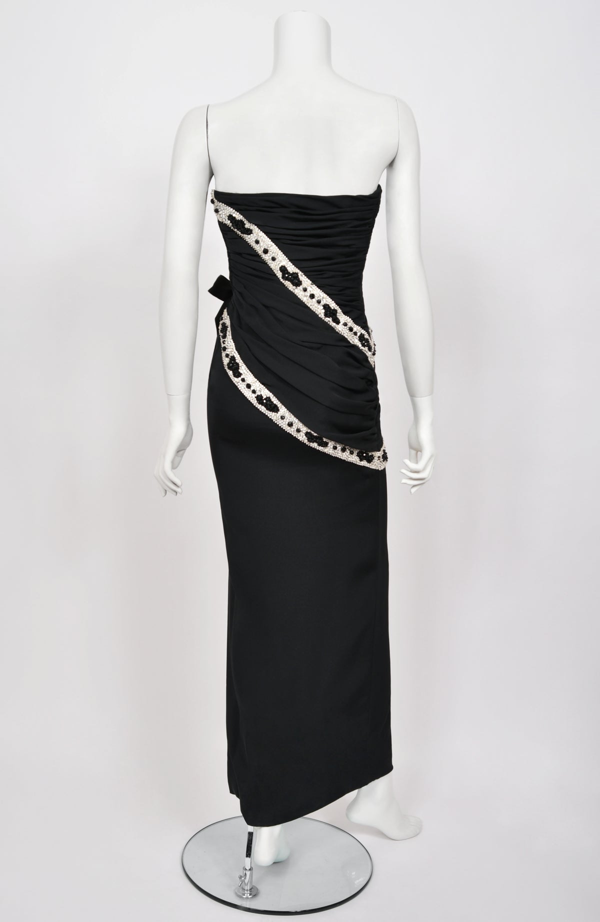 1984 Galanos Couture Crystal Beaded Black Silk Strapless Corset Hourglass Gown