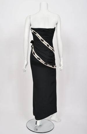 1984 Galanos Couture Crystal Beaded Black Silk Strapless Corset Hourglass Gown