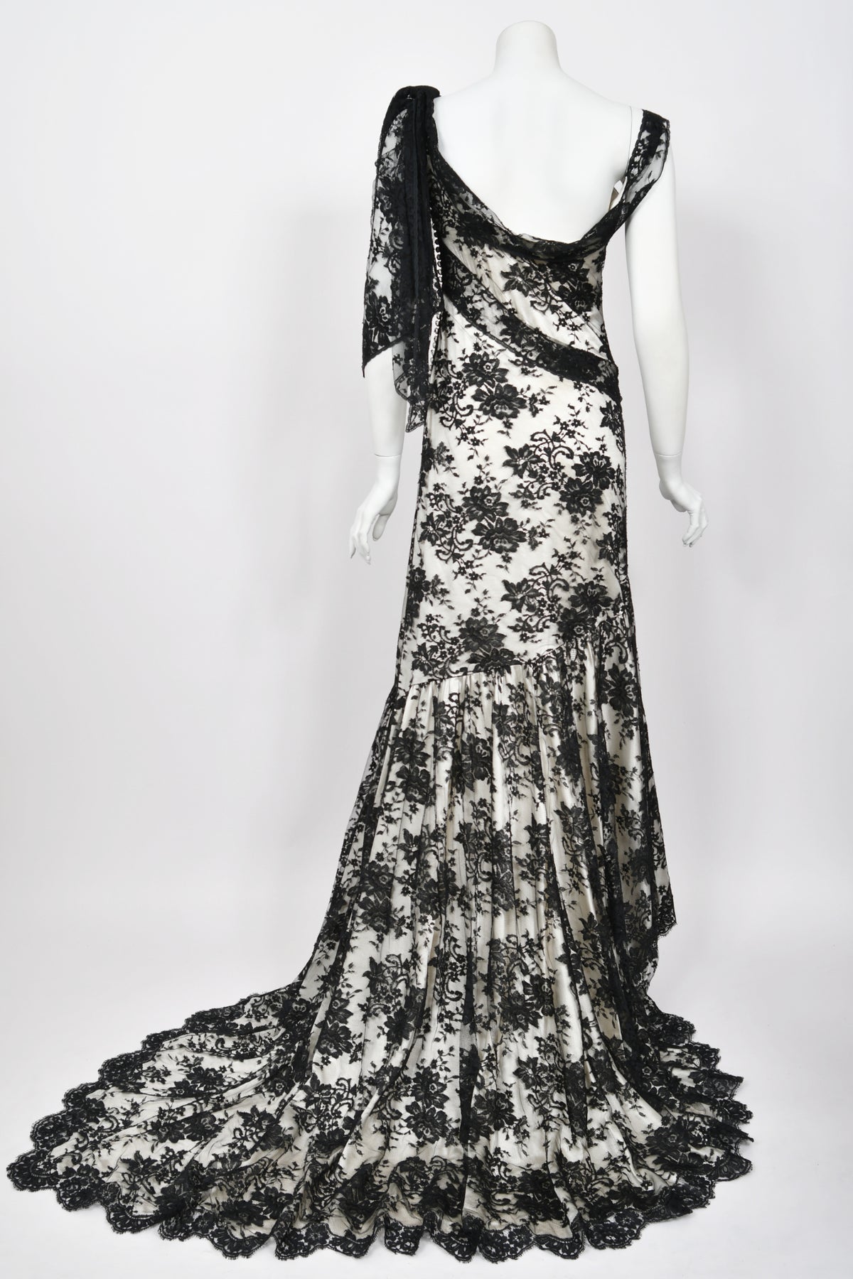 2005 Christian Dior by John Galliano Black Lace &amp; Ivory Silk Trained Bias-Cut Gown
