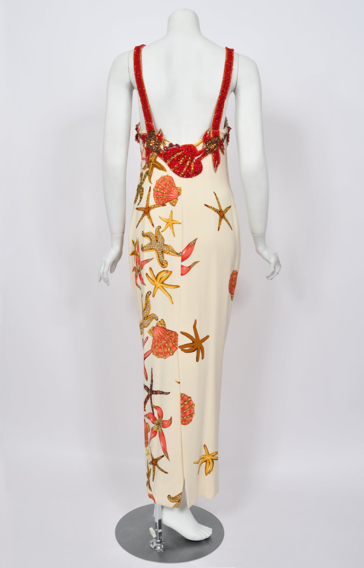 1992 Gianni Versace Iconic Crystal Beaded &#39;Seashell&#39; Print Silk Hourglass Gown