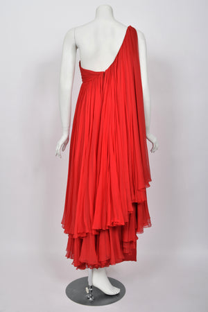 1960's Martha Weathered Couture Ruby-Red Pleated Silk Draped Goddess Gown