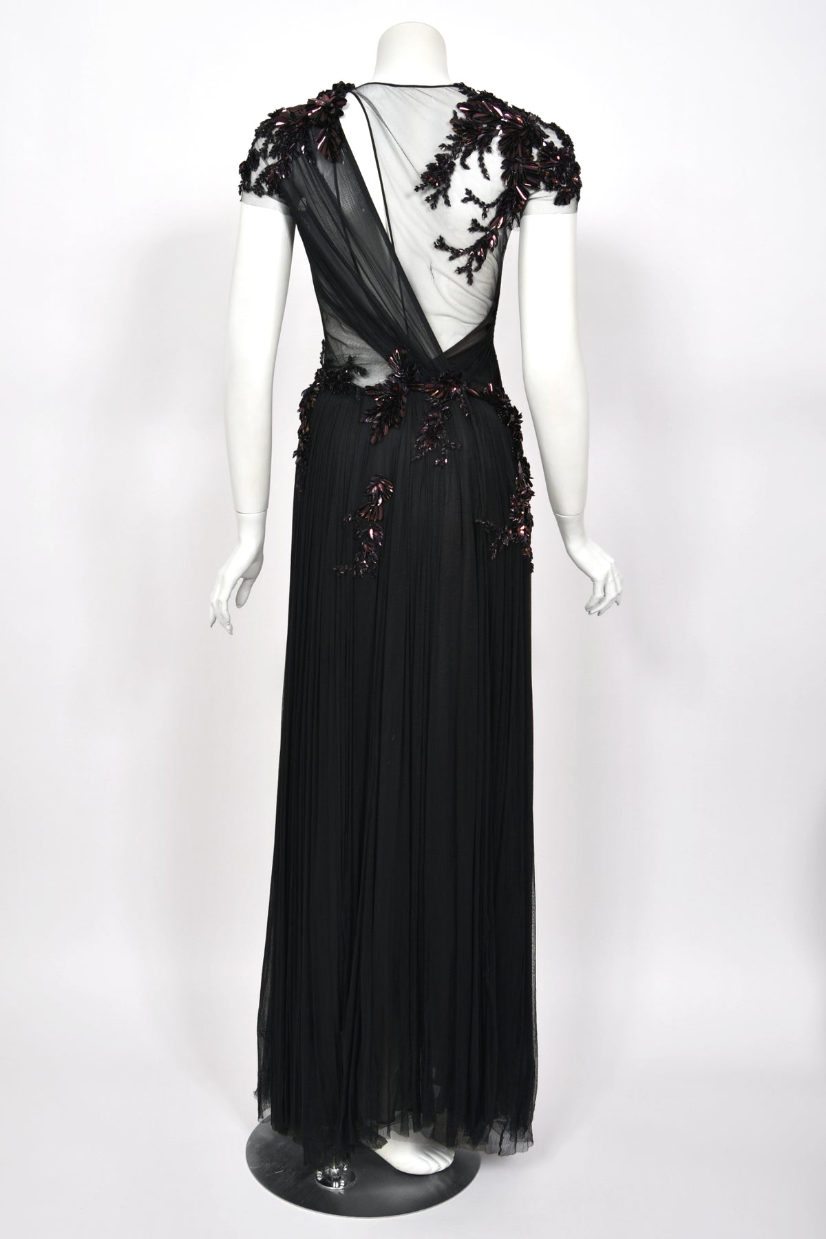 2012 Gucci Runway Editorial Heavily Embellished Sequin Sheer Black Pleated Tulle Gown