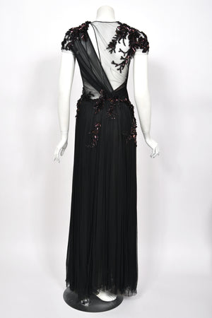 2012 Gucci Runway Editorial Heavily Embellished Sequin Sheer Black Pleated Tulle Gown
