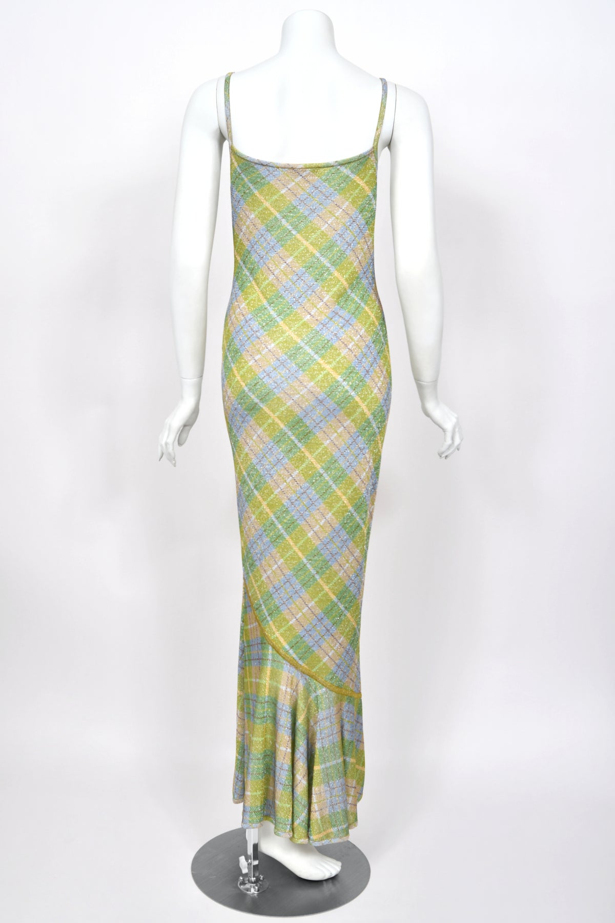 2000 John Galliano Metallic Plaid Lurex Knit Bias-Cut Maxi Dress w/ Matching Cardigan