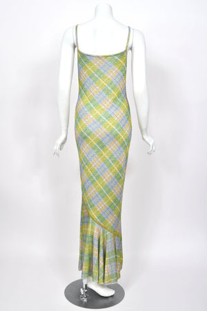 2000 John Galliano Metallic Plaid Lurex Knit Bias-Cut Maxi Dress w/ Matching Cardigan