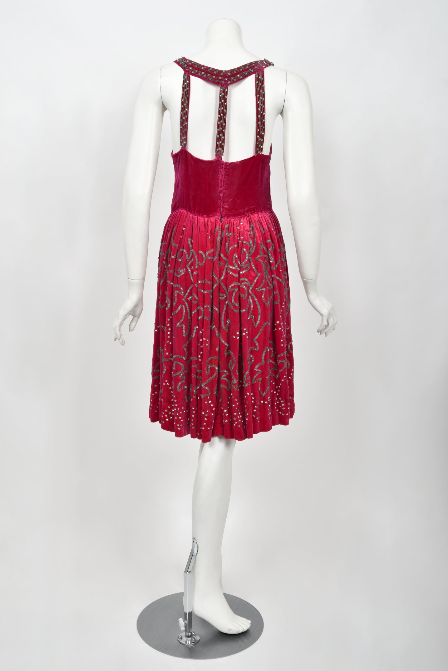 Vintage 1920's Magenta Pink Beaded & Rhinestone Velvet Back Cut-Out Flapper Dress Vintage 1920's Magenta Pink Beaded & Rhinestone Velvet Back Cut-Out Flapper Dress