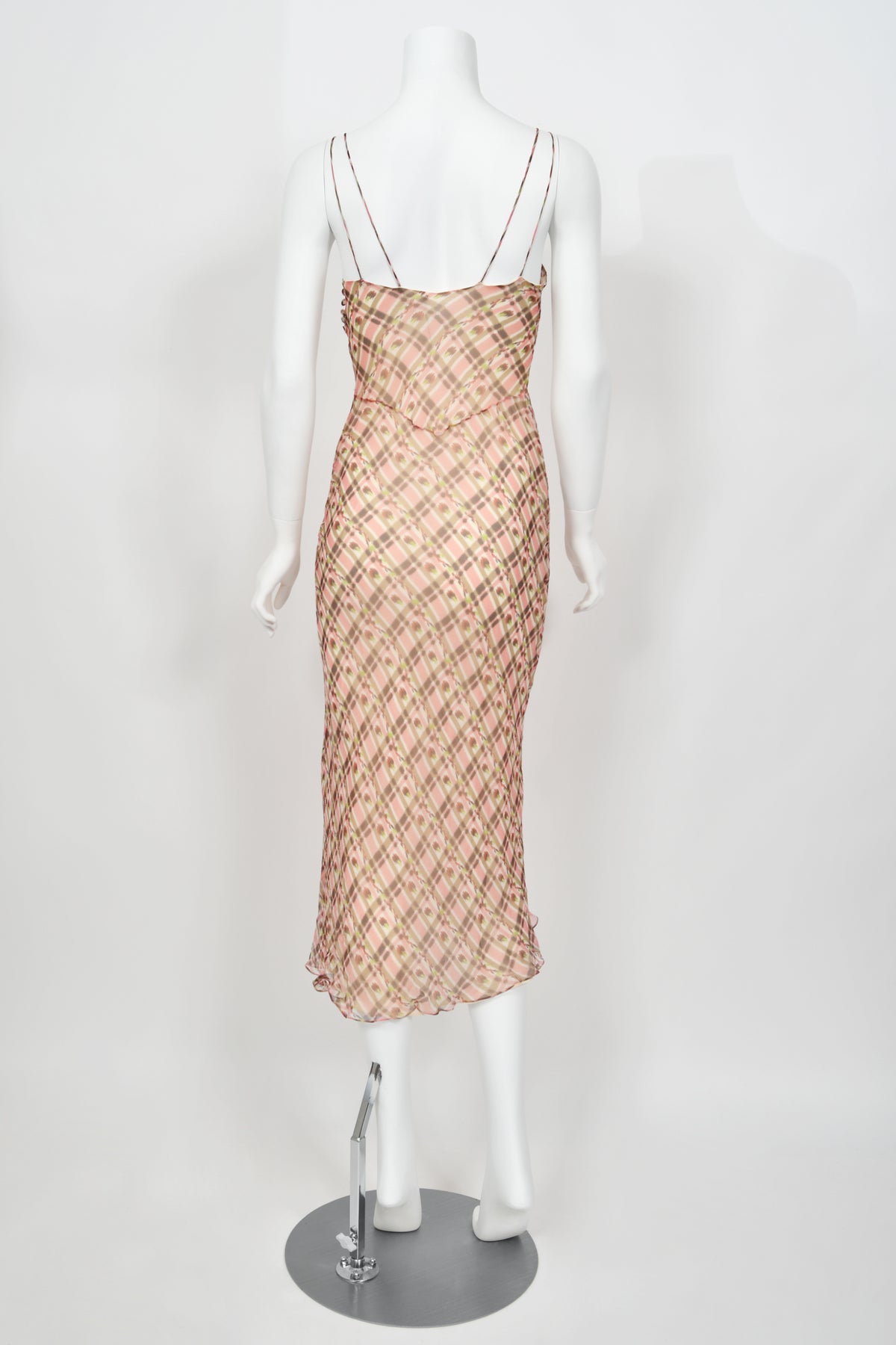 2000 Christian Dior by Galliano Pink Plaid Silk Logo Hardware Bias-Cut Dress