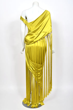 2018 Ralph & Russo Haute Couture Chartreuse Silk Satin Asymmetric Crystal Fringed Gown
