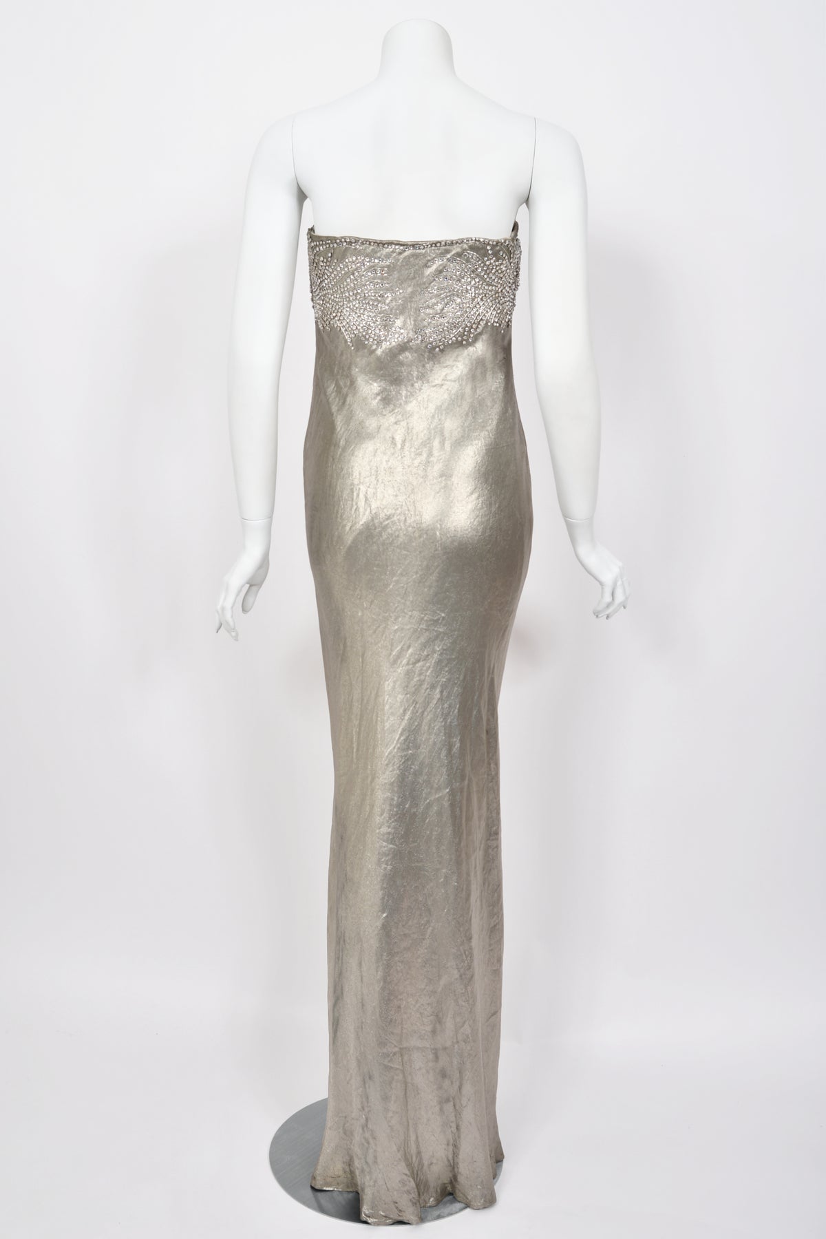 2007 Ralph Lauren Beaded Rhinestone Metallic Silver Lamé Strapless Bias-Cut Gown