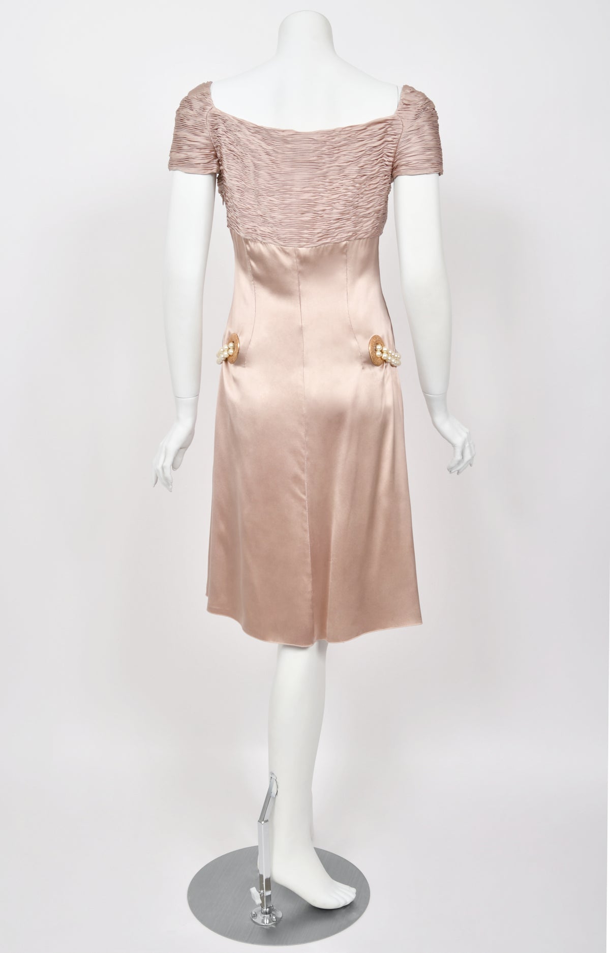 2005 Valentino Runway Blush Pink Silk Pleated Bodice Draped Pearl-Belted Dress