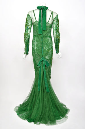 2011 Tom Ford Emerald Green Embroidered Sheer Tulle Lace Velvet-Bra Trained Editorial Gown