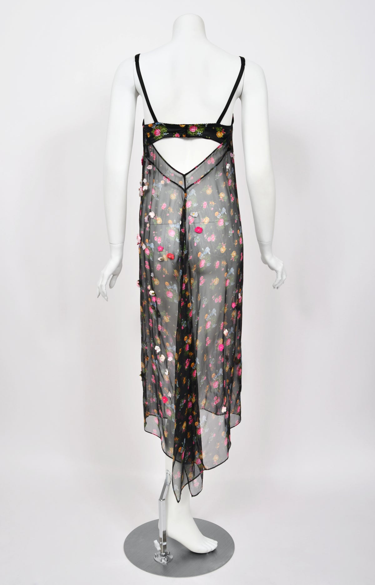 1999 Dolce &amp; Gabbana Sheer Appliqué Floral Silk Built-In Bra Slip Dress