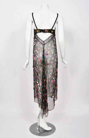 1999 Dolce & Gabbana Sheer Appliqué Floral Silk Built-In Bra Slip Dress