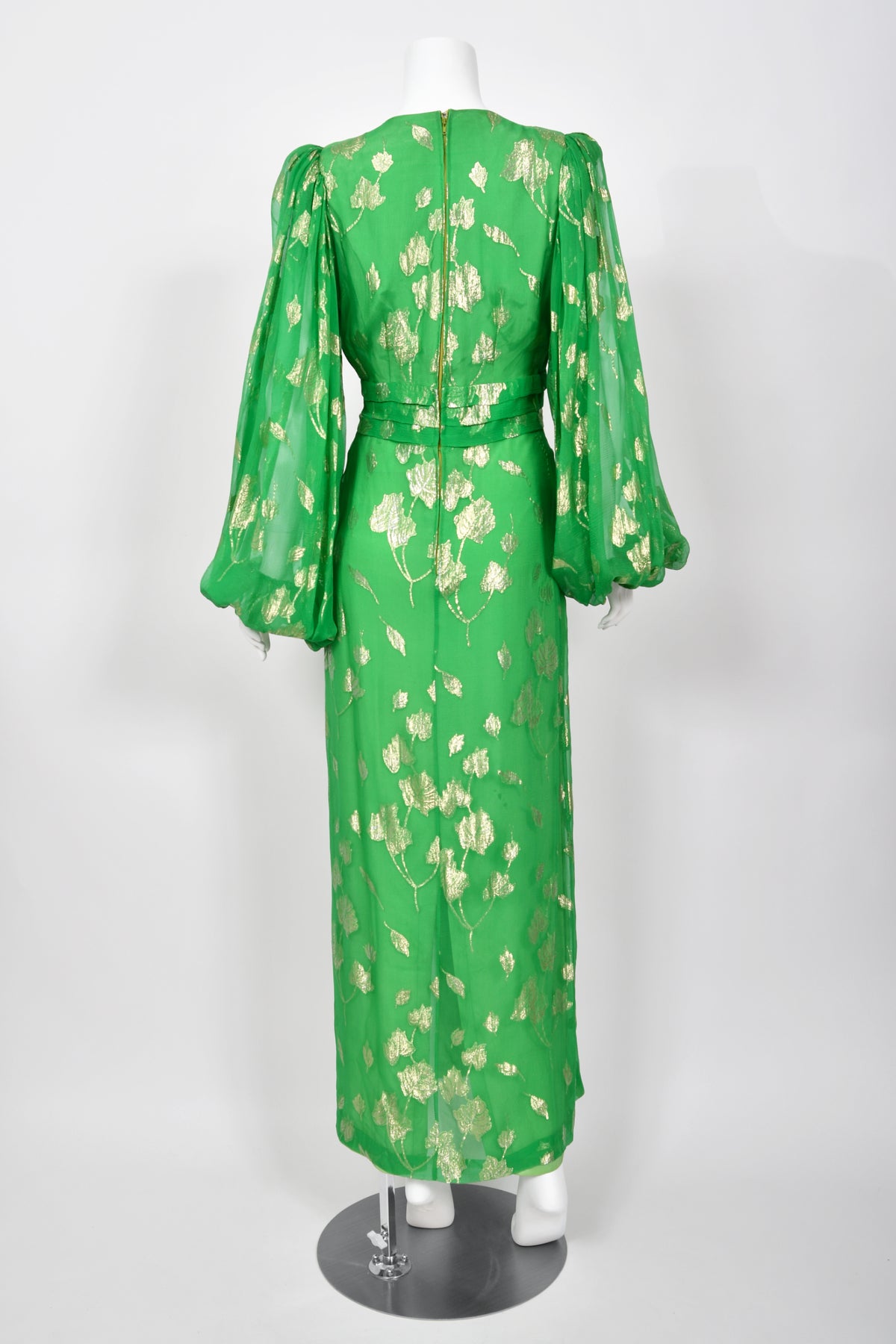 1974 Thea Porter Couture Metallic Green Sheer Silk Billow-Sleeve Maxi Dress