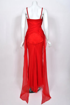 2007 Emanuel Ungaro Lipstick Red Heavily Ruched Silk Chiffon Trained Hourglass Gown