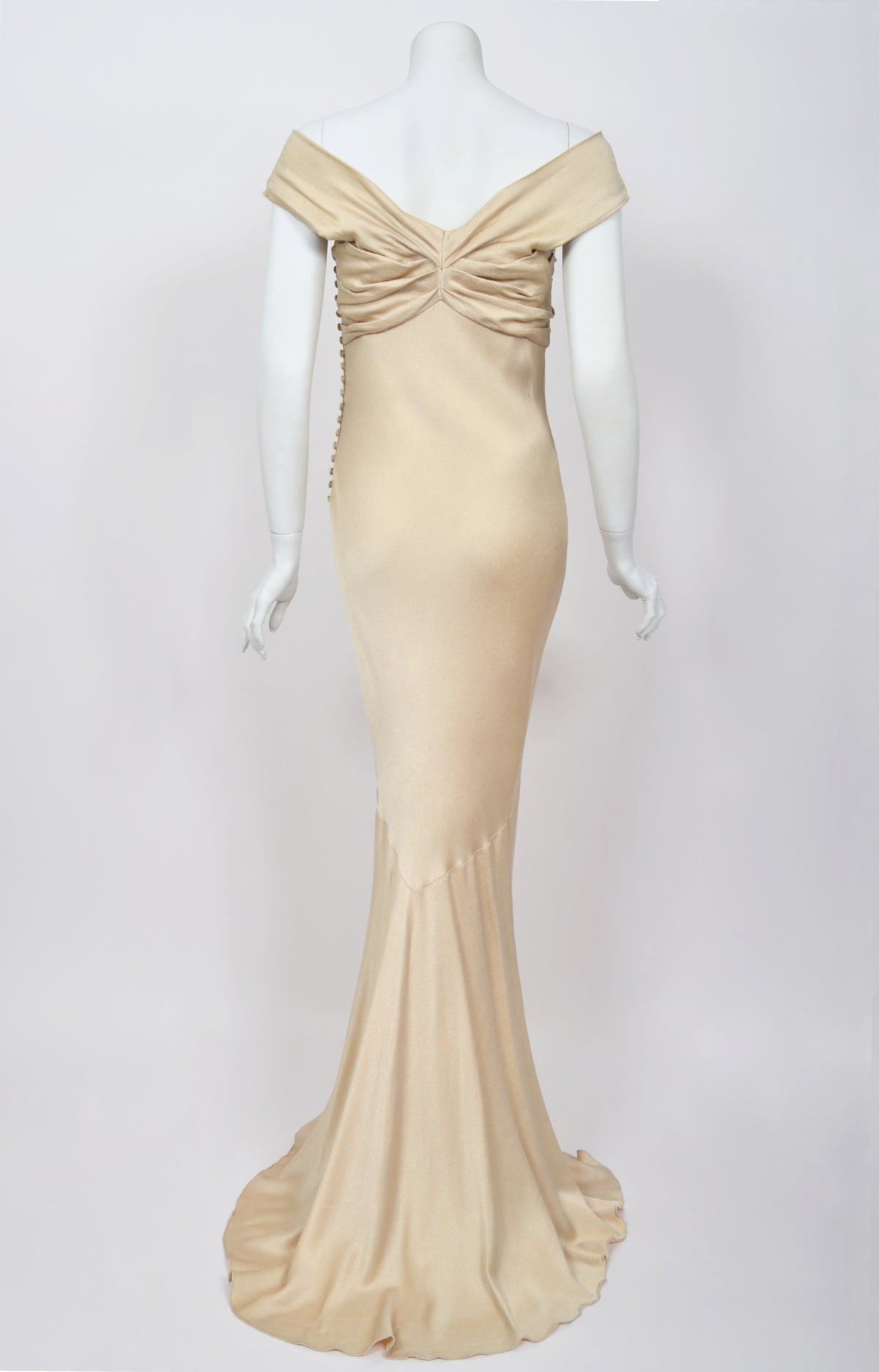 2007 John Galliano Champagne Silk Satin Off-Shoulder Bustier Bias-Cut Gown w/Tags