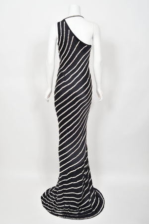 2003 Alexander McQueen Navy Blue Silk Button Embellished Stripes Bias-Cut Gown