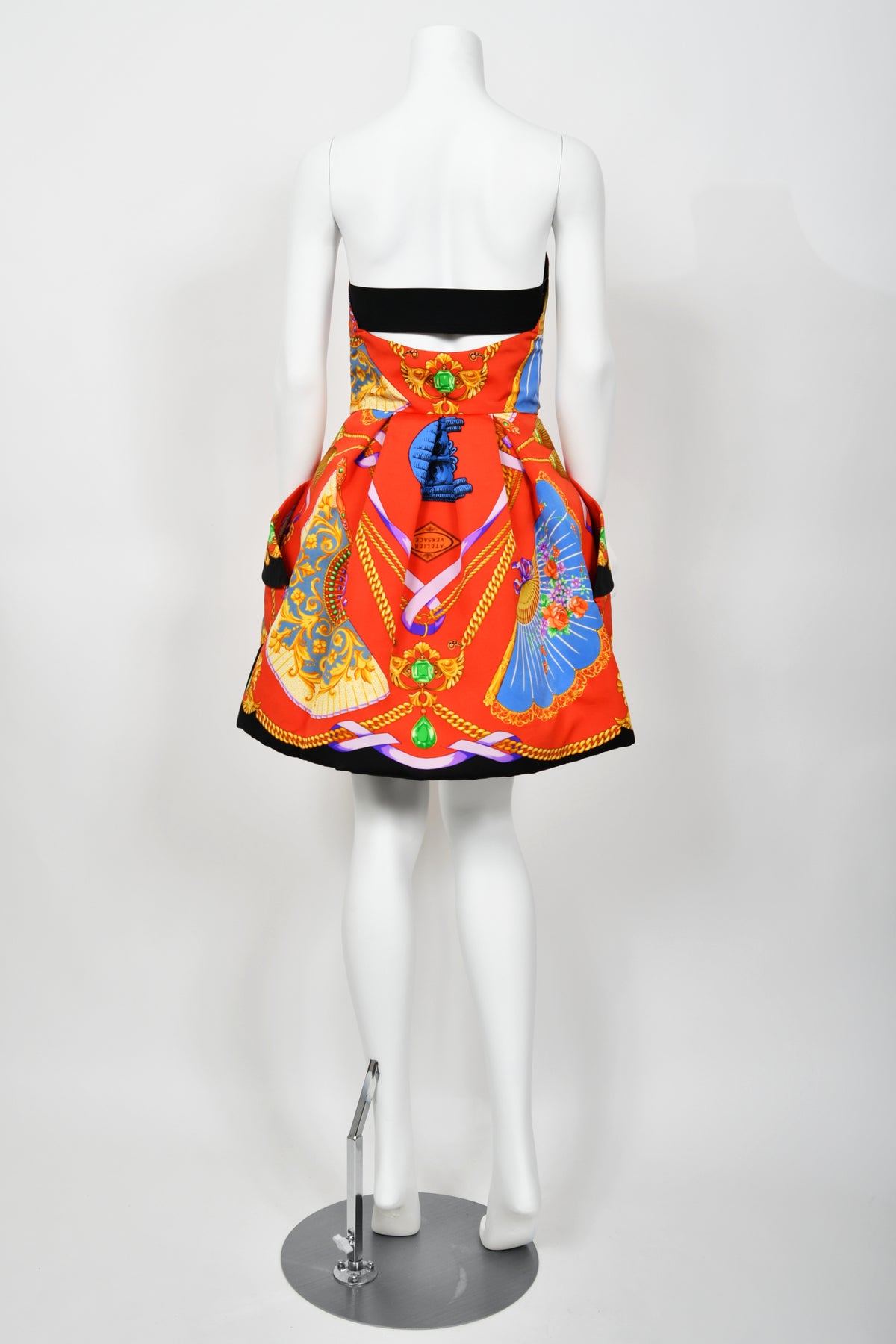 1991 Gianni Versace Documented Runway Baroque Print Silk Strapless Mini Dress
