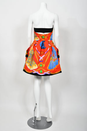 1991 Gianni Versace Documented Runway Baroque Print Silk Strapless Mini Dress