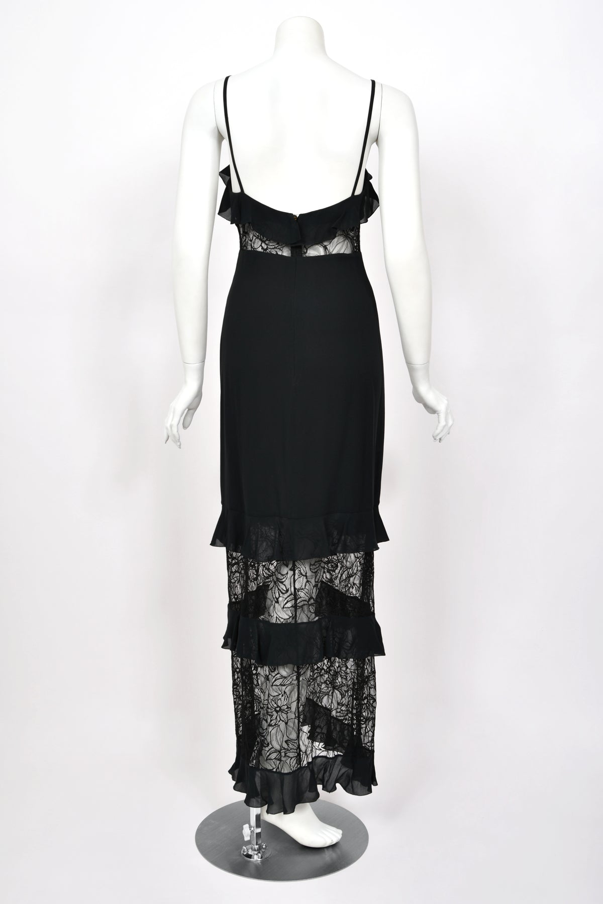 1994 Chanel by Karl Lagerfeld Cruise Collection Sheer Black Lace Ruffle-Trim Lingerie Gown
