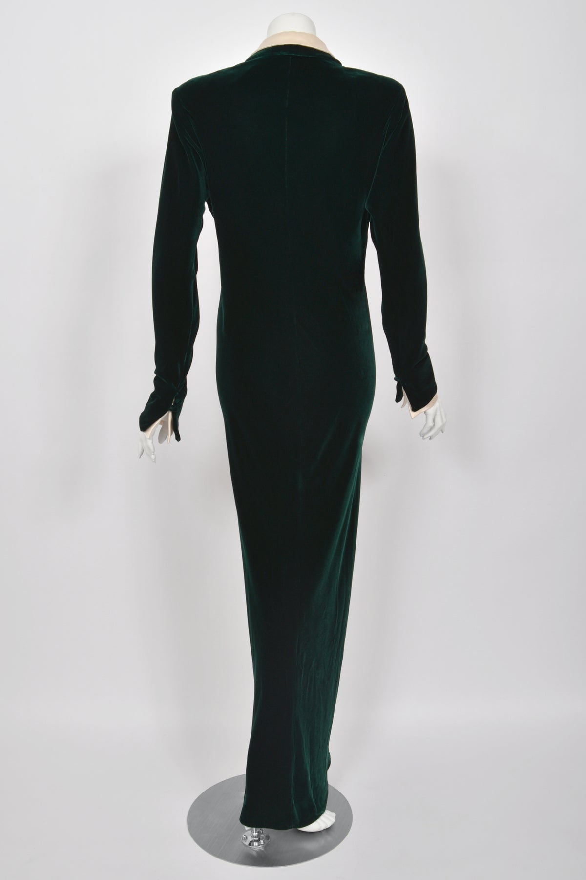 1978 Halston Couture Dark Green Velvet & Ivory Silk Ruffle Bodice Bias-Cut Gown