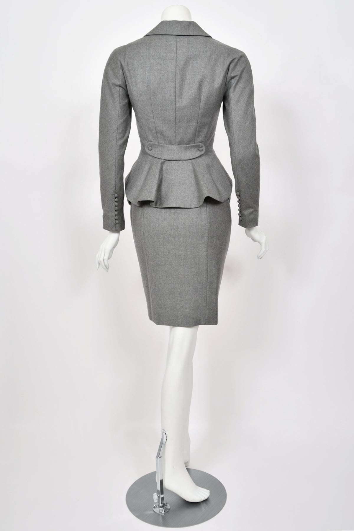 1998 John Galliano ‘Cabaret’ Collection Charcoal Gray Wool Dress & Peplum Jacket Suit