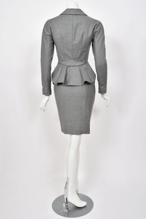 1998 John Galliano ‘Cabaret’ Collection Charcoal Gray Wool Dress & Peplum Jacket Suit